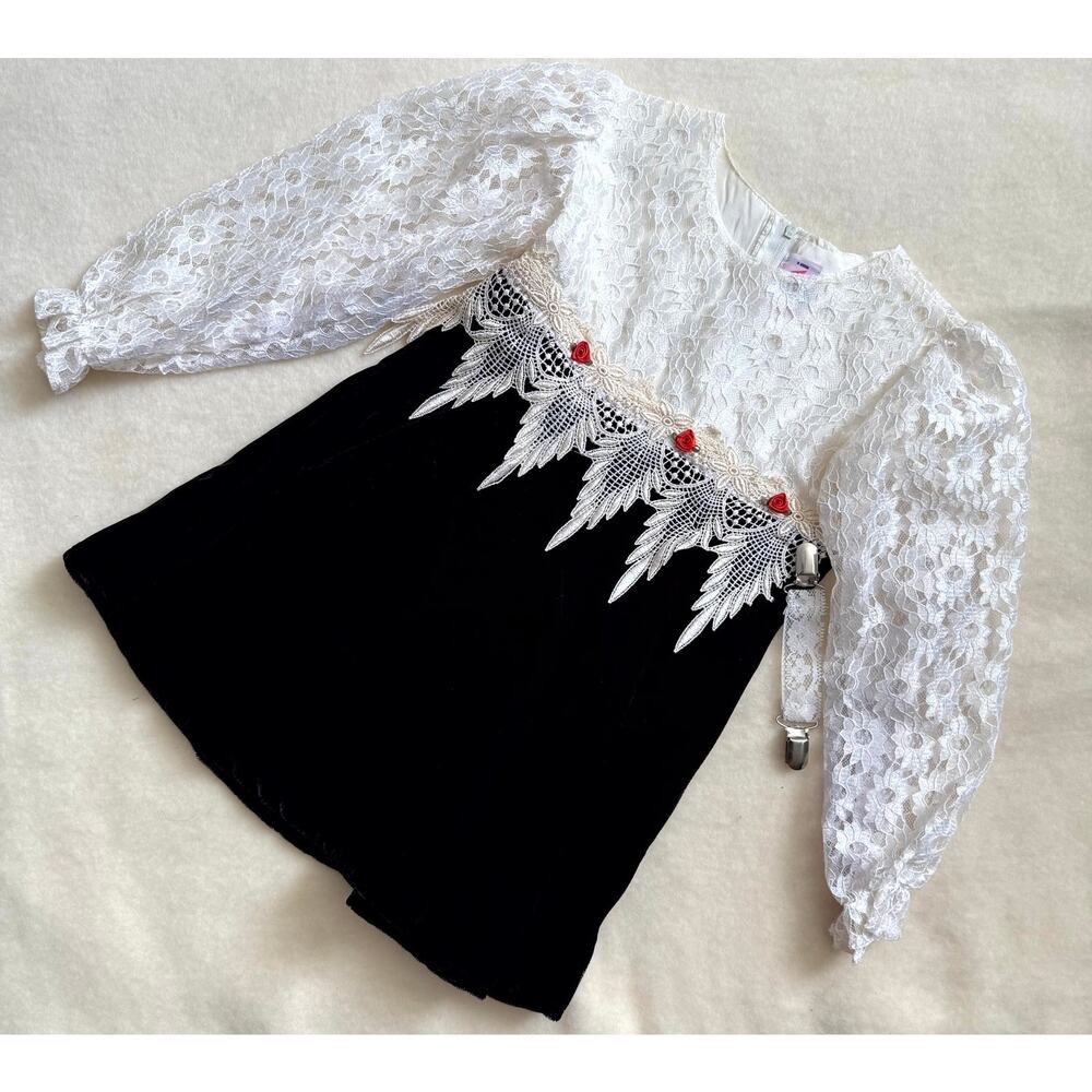 Vintage 90s MiMi Fashion Dress Girls Size 4 Black White Lace Long Sleeve Floral